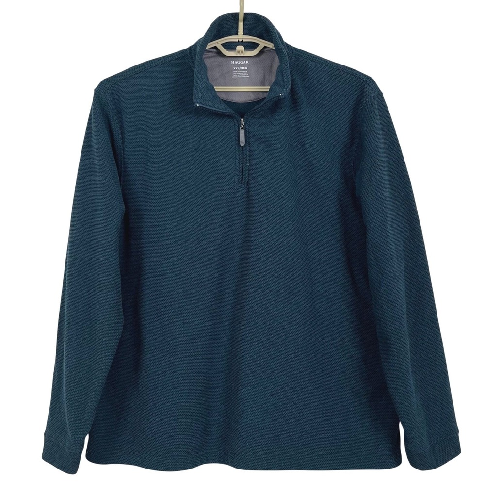 Haggar Mens Quarter Zip Pullover XXL Teal Waffle Knit Fleece Lined Sweatshirt
